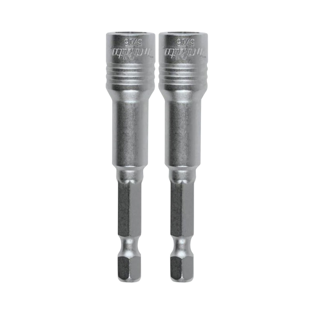Two Go Build 5/16 in. x 2-9/16 in. IMPACT XPS Magnetic Nutsetters, designed for use with impact drivers and ideal for fastening hex fasteners, stand upright side by side on a white background.